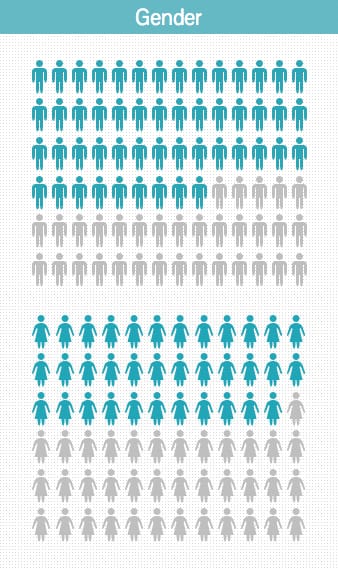 A graphic indicating the 172 male applicants, and the 127 female applicants.