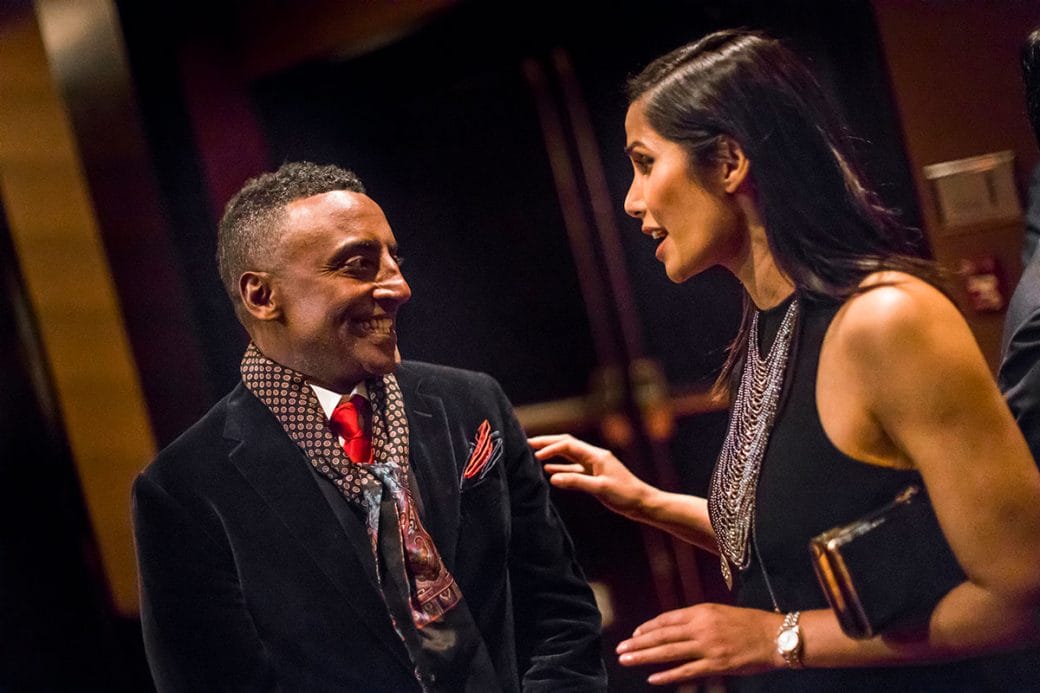 Marcus Samuelsson and Padma Lakshmi talking at the 2019 Vilcek Prize gala.