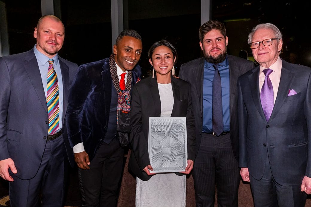 Rick Kinsel (l) and Jan Vilcek (r) pose with culinary award winners Marcus Samuelsson, Nite Yun, and Fabian von Hauske Valtierra