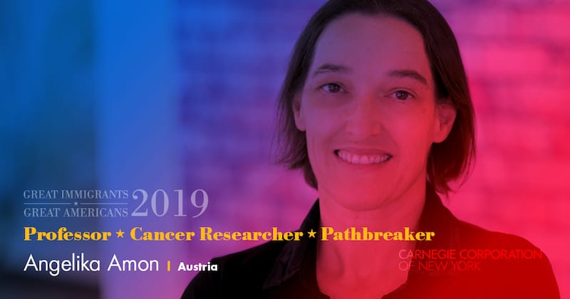 Graphic of Angelika Amon with her titles, "Professor, Cancer Researcher, and Pathbreaker."