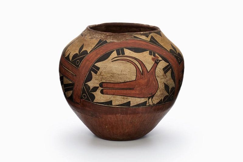 A Zia polychrome pot featuring a red parrot.