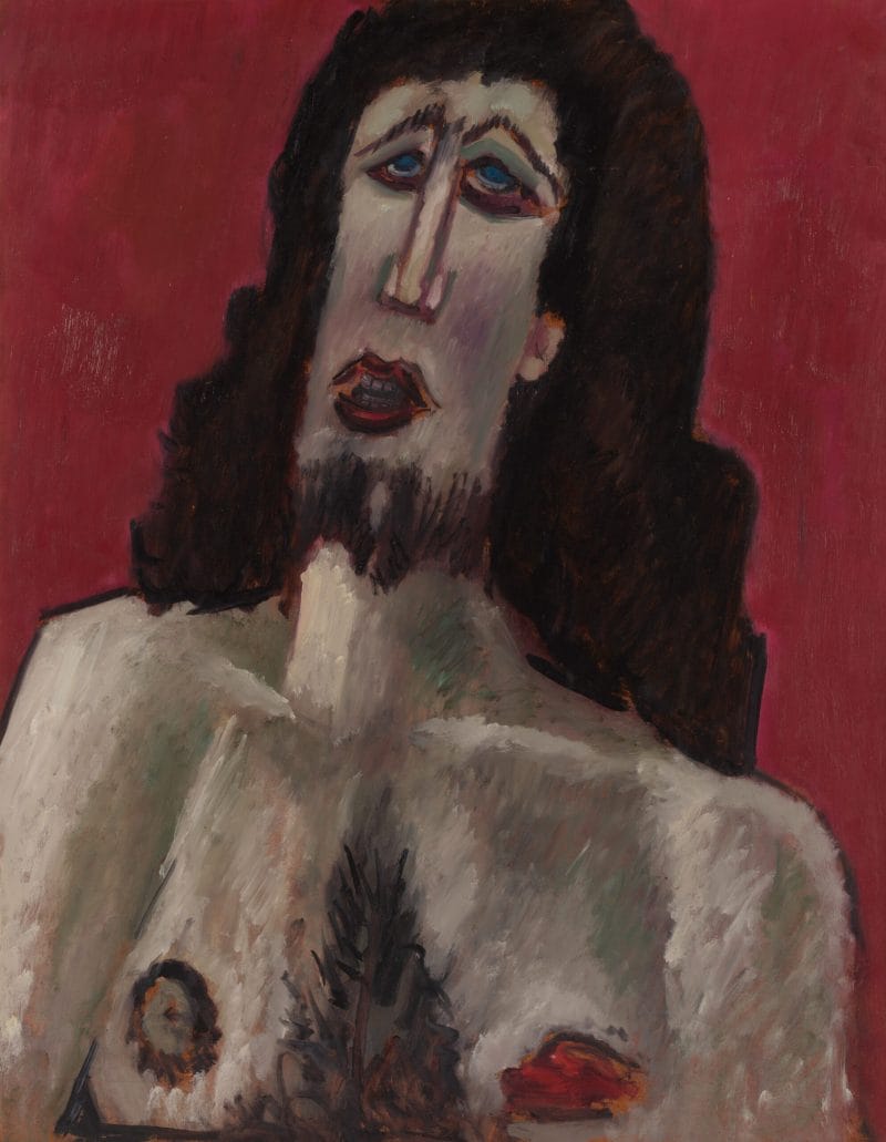 A bust portrait of Christ with short, rough brush strokes, on a red background.