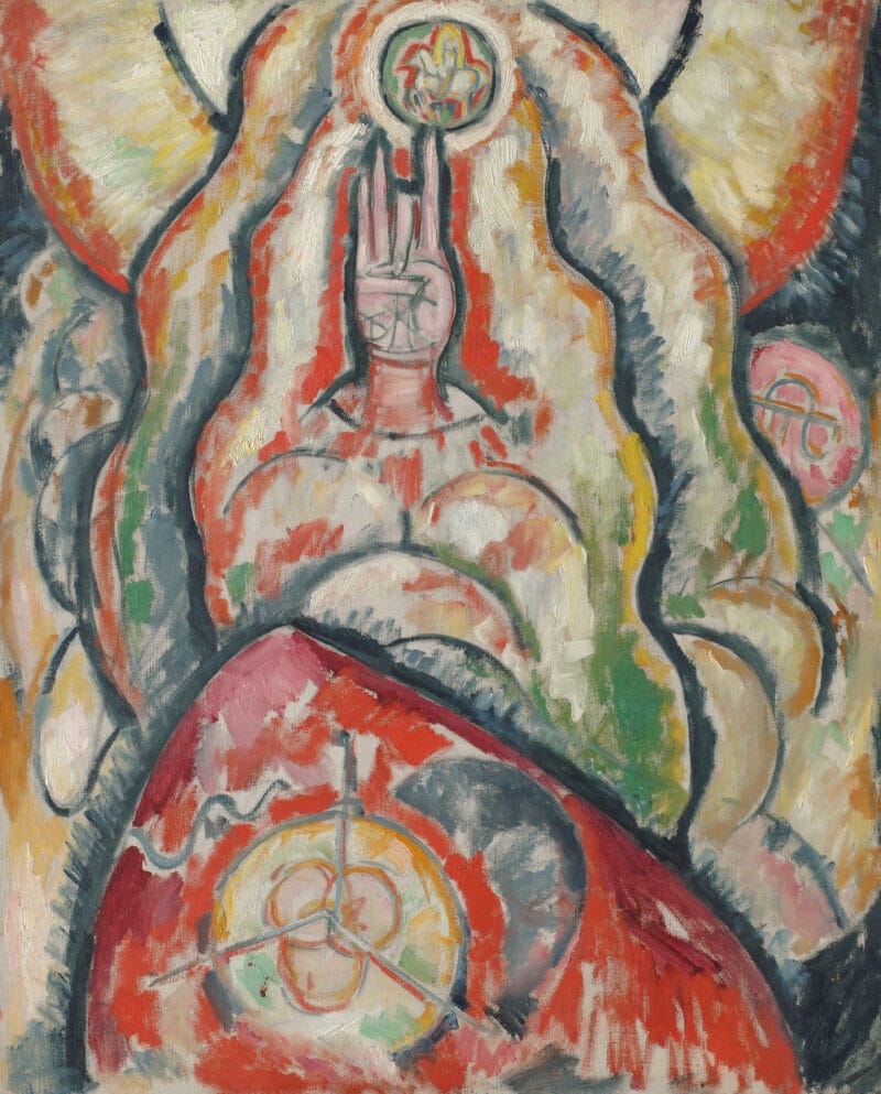 A painting of radiating mandorla shapes in red, orange and green, with a hand in the center, the thumb folded while the middle finger points at a soldier on horseback.