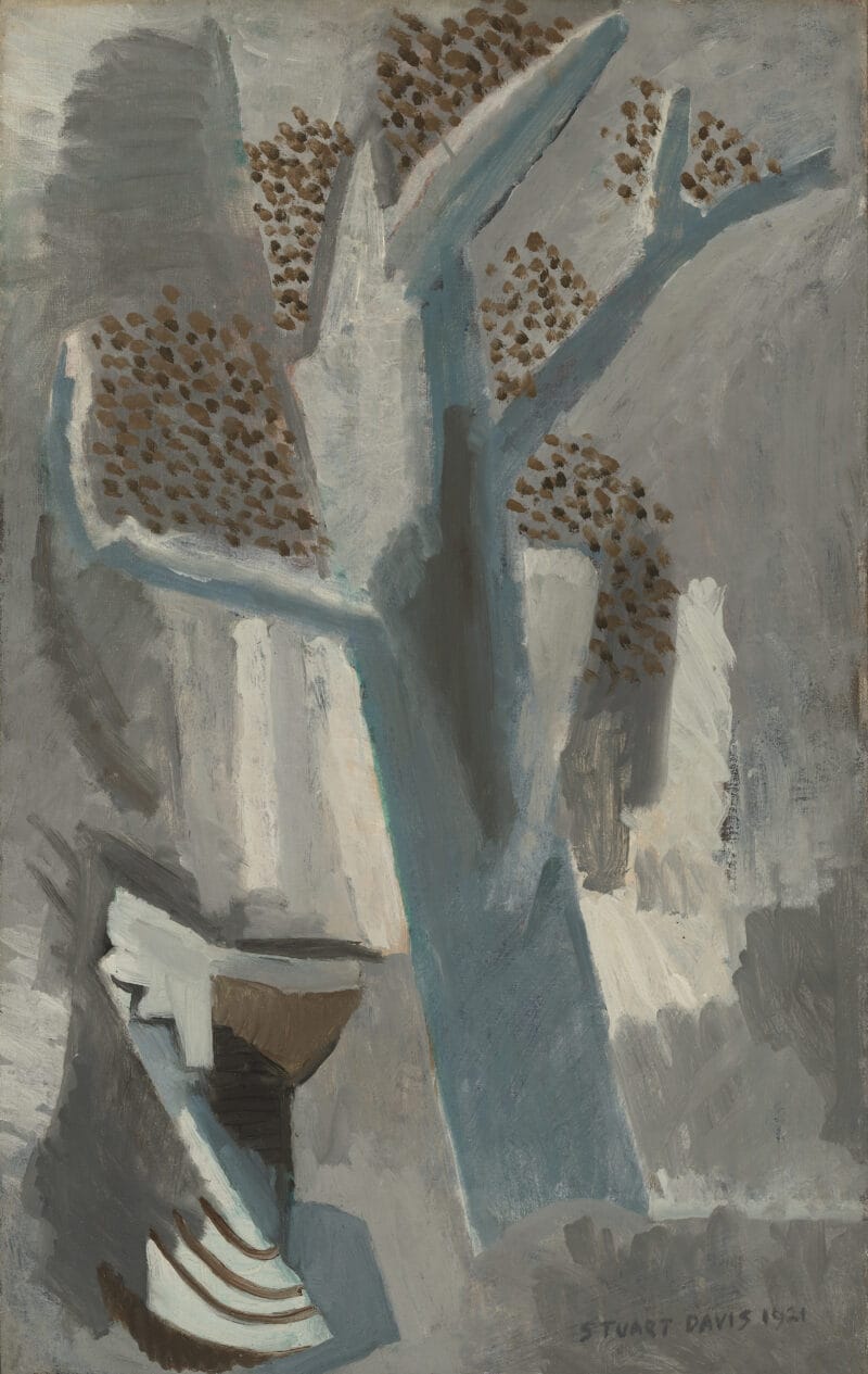 A small urn set next to a large tree in a cubist landscape, areas of brown dots suggest leaves.