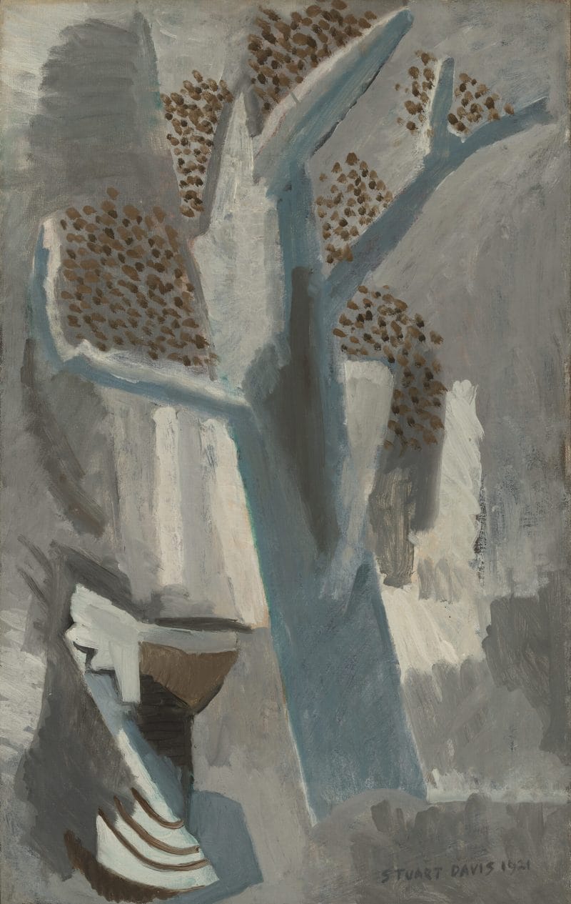 A small urn set next to a large tree in a cubist landscape, areas of brown dots suggest leaves.