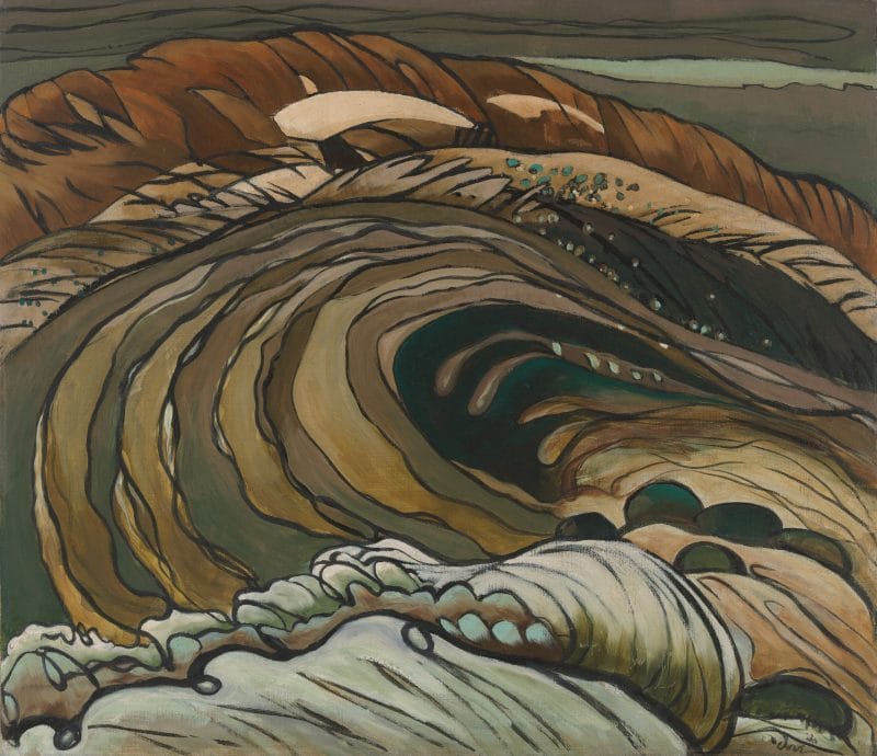Tall brown and green waves accented by thick black lines, cresting into one another.
