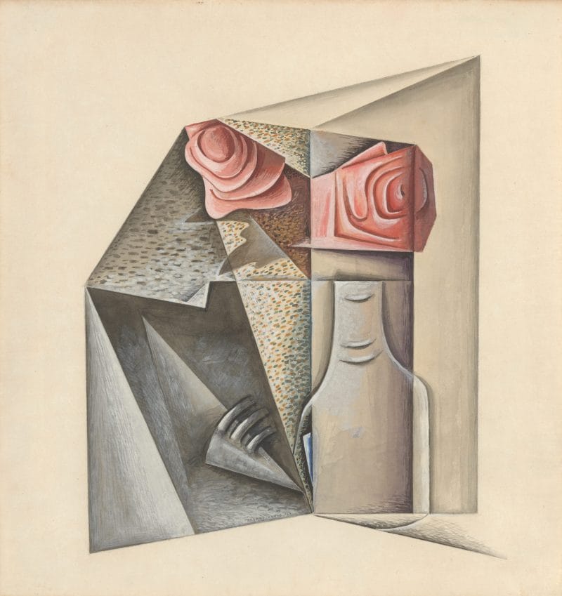 A cubist still life of two pink roses in a glass vase.