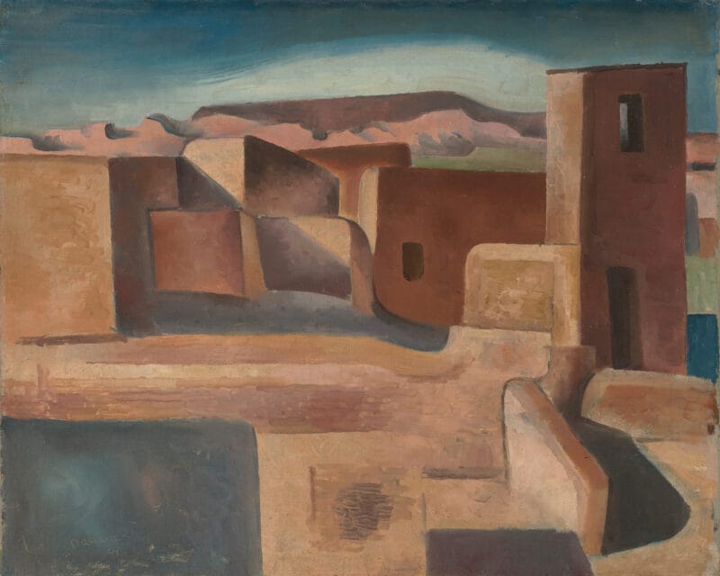 Painting of adobe buildings including a church set against a plateau on the horizon.