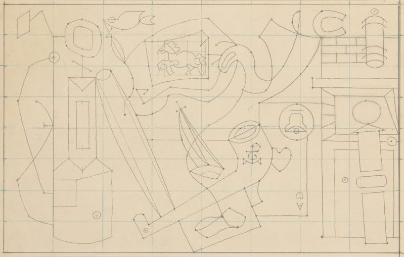 A drawing on graph paper featuring imagery including a gas pump, pipe, sailboat, barber shop pole, and playing card.