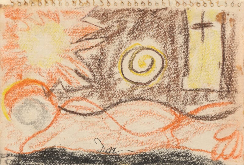 Orange, yellow, and brown crayon drawing of a sun rising over a landscape.