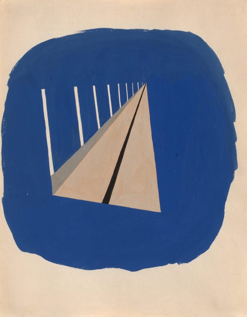A beige triangle with verticle white lines, illustrating a bridge rushing off into the distance, is centered inside a roughly painted blue circle.