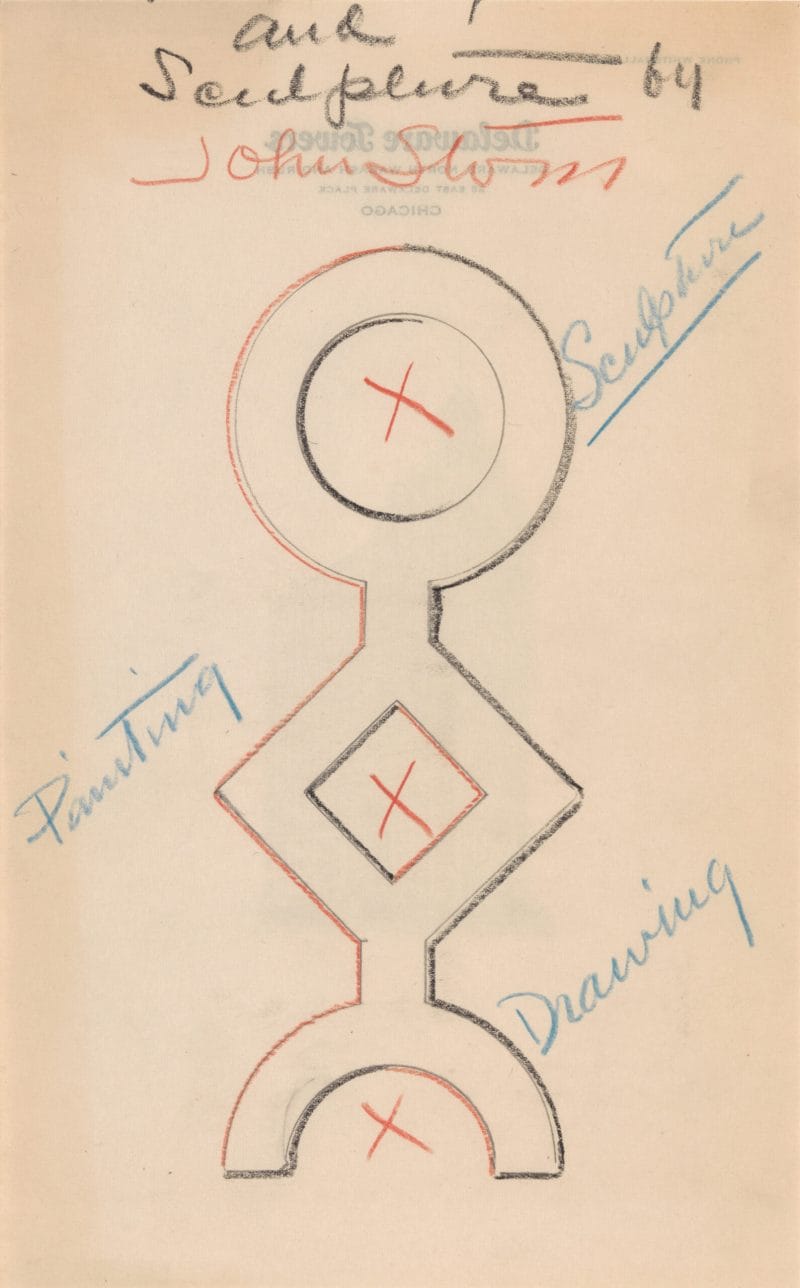 A pencil drawing of a totem-like figure of a circle representing sculpture, a diamond representing painting and a half circle representing drawing.