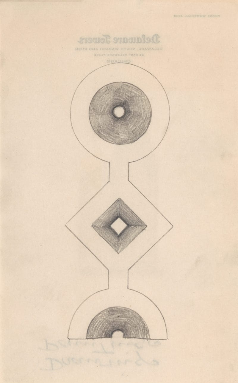 A pencil drawing of a totem-like figure made of a circle and diamond that ends on a half circle.