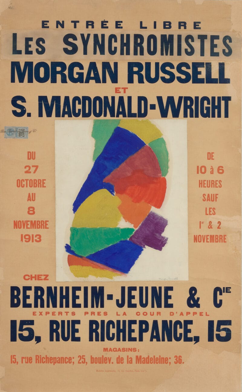 A French poster promoting the artists' exhibition with a formation of colors in the center.