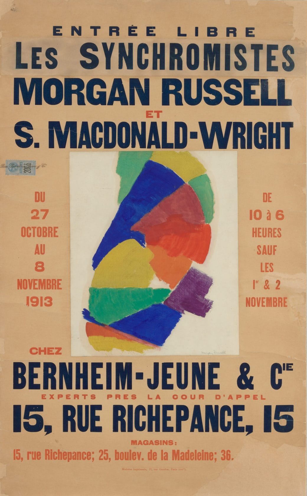 A French poster promoting the artists' exhibition with a formation of colors in the center.