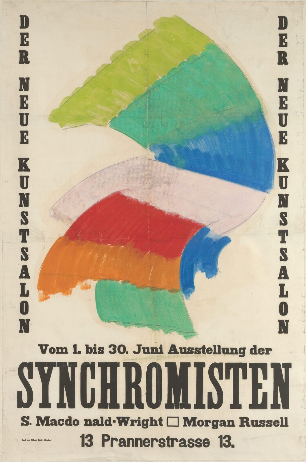 A German poster promoting the artists' exhibition with a wave of striped color panels centered among the text.