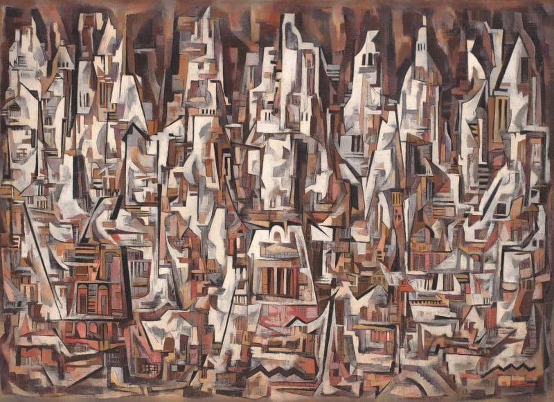 A cubist city with an earthy palette, clustered together like mountains with perpendicular lines resembling doorways and windows.