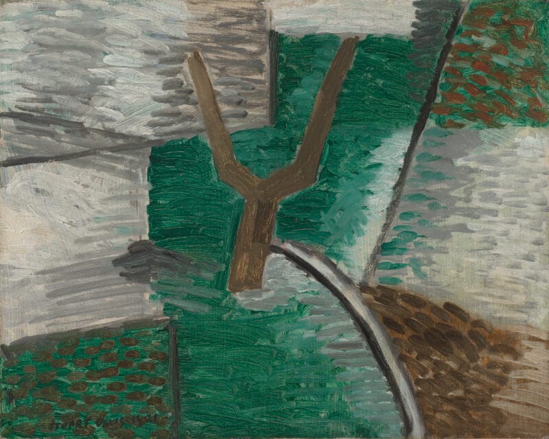 A leafless tree with two branches extended in opposite directions is centered on a field of geometrically divided greens and greys.