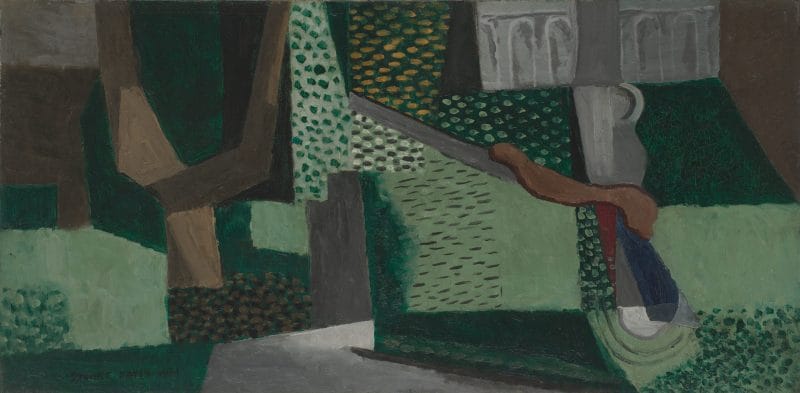 View of a garden painted with shades of greens that have been divided into cubist forms and detailed with patterns.