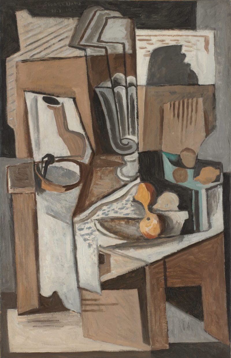 A cubist still life painted predominately in shades of brown featuring fruit, a vase, a pipe and a book arranged on table.