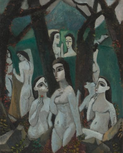 A group of pale, nude women scattered among the trees in a forest.