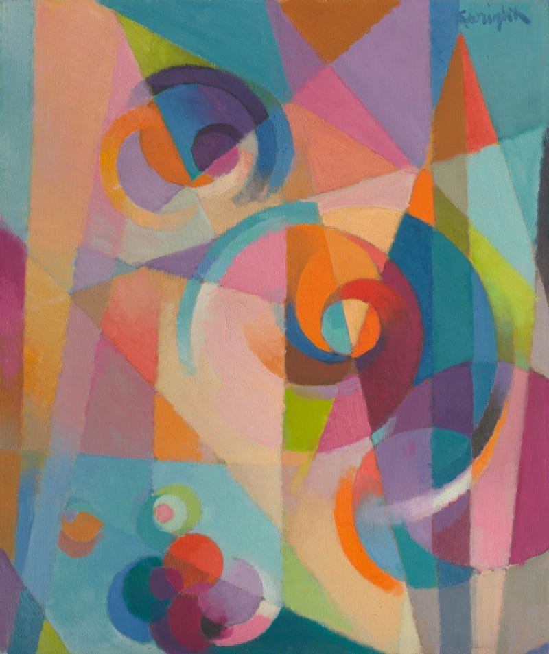 Painting of abstract geometric divisions of bright pastel colors inlayed with three spirals.