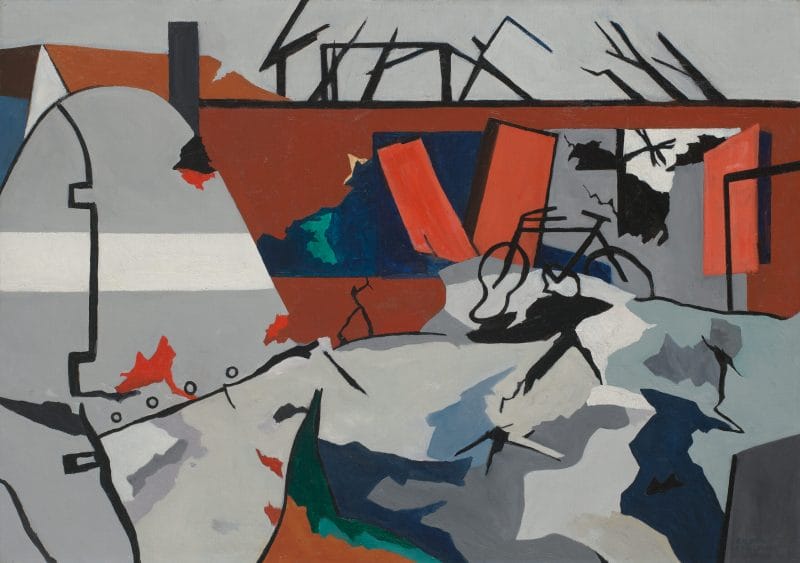 Painting of a plane crash with debris from the aircraft, buildings, and landscape, including a bicycle.