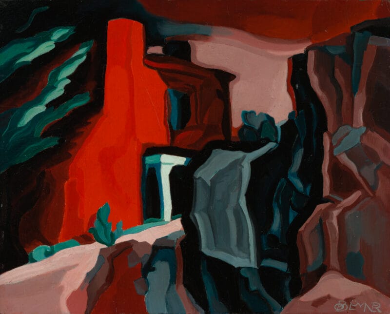 A narrow path leads into a red structure surrounded by tall, jagged rocks and small green shrubs.