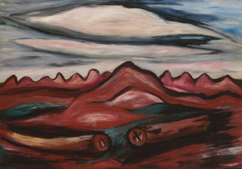 Landscape of red hills under a cloudy sky. A large hill at the center with two fallen logs lying on the ground in front.