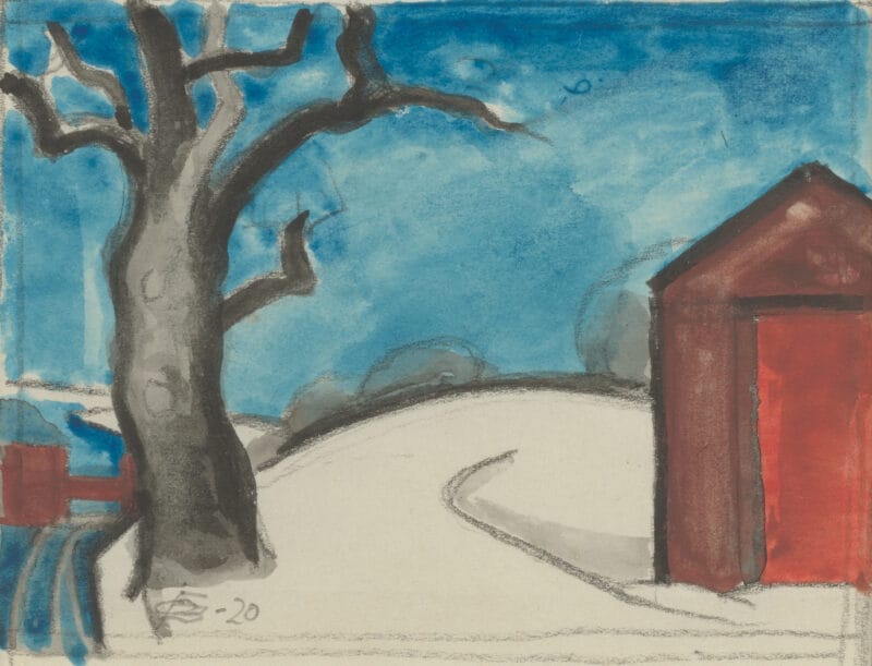 Landscape of a red house and a barren tree under a bright blue sky.