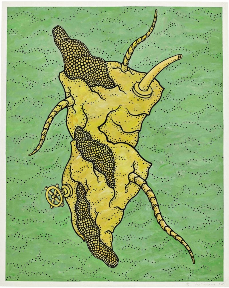 Illustration of a yellow and black abstract figure with various objects extending from it against a green background with black dots.
