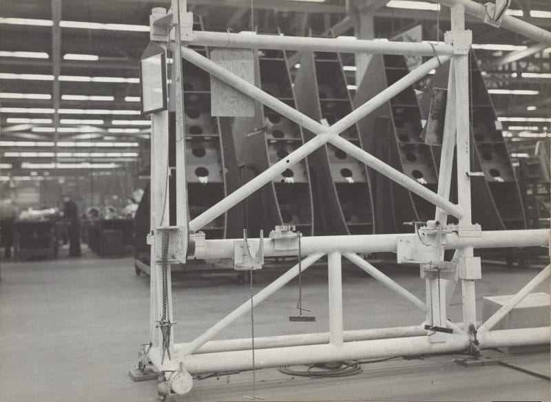 Black and white photograph of an aircraft plant fixture.