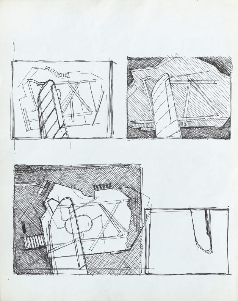 Four abstracted ink studies depicting aerial views of a aircraft wing set against plant fixtures and abstracted landscapes.