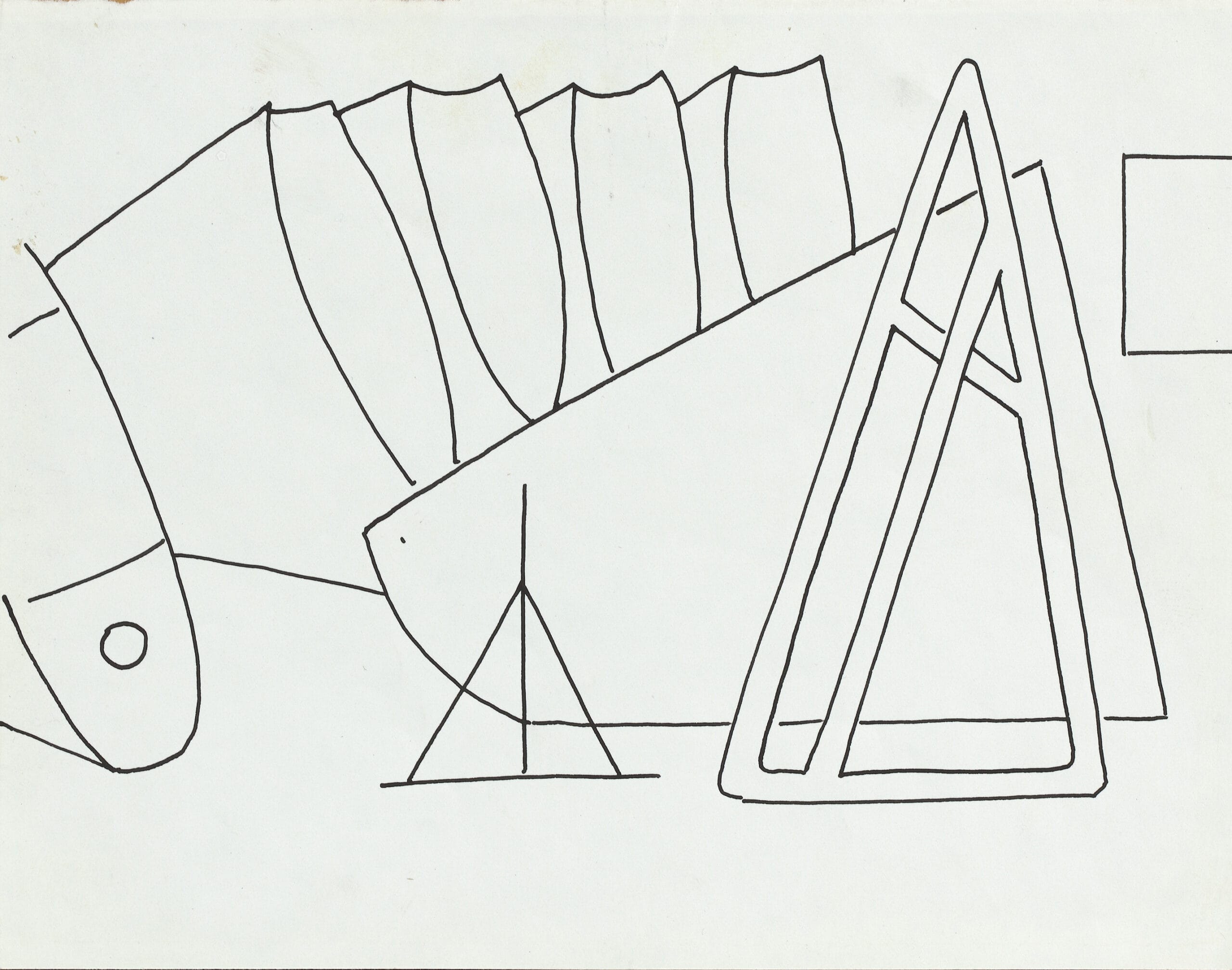 Abstracted line drawing of an aircraft factory with curved shapes floating in space and a triangular shape at the center.