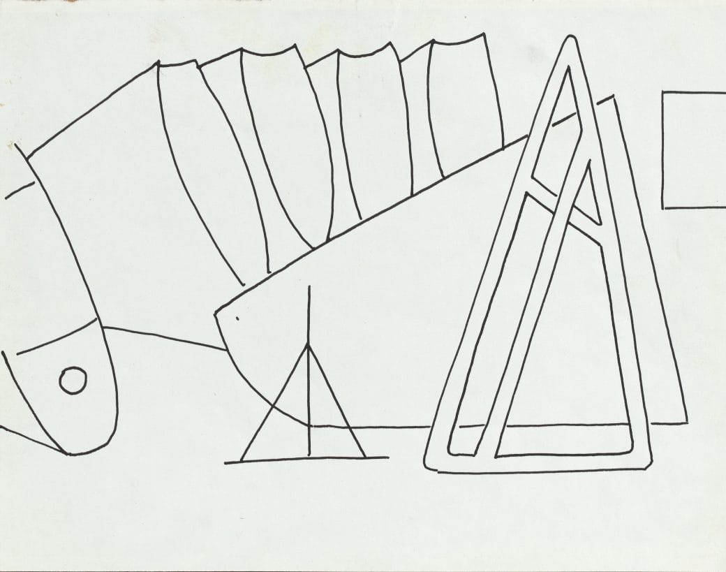 Abstracted line drawing of an aircraft factory with curved shapes floating in space and a triangular shape at the center.