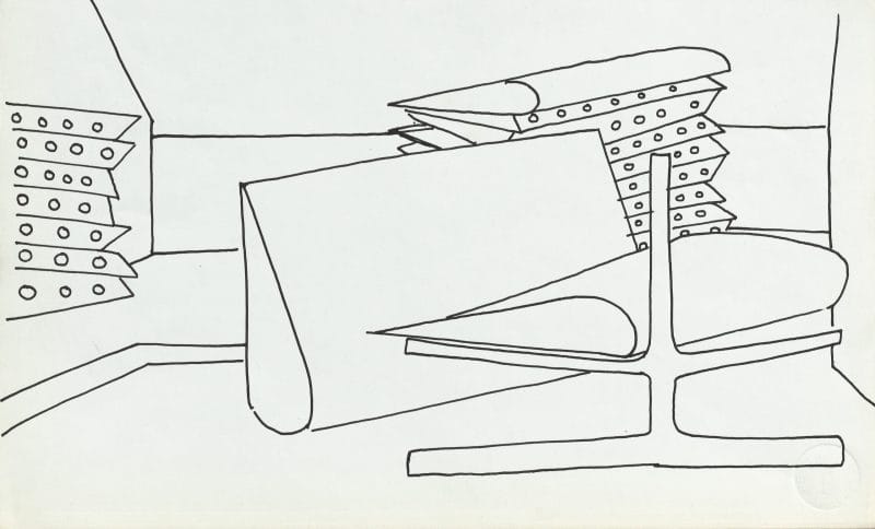 Abstracted line drawing of an aircraft factory with fixtures and parts stacked up.