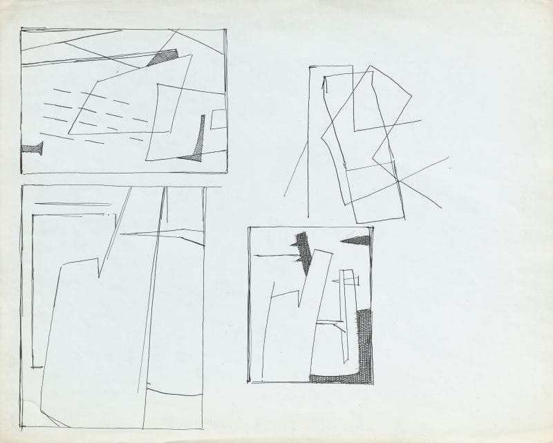 Rough ink studies done as thumbnails, consisting of overlapping geometry and smaller, cross-hatched shapes that accessorize the space.