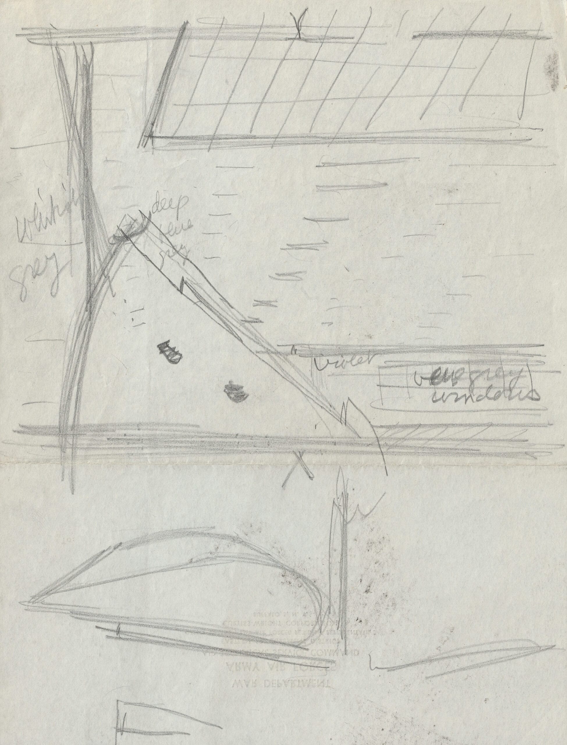 Pencil sketch of an aircraft wing inside a factory with rows of overhead lights.