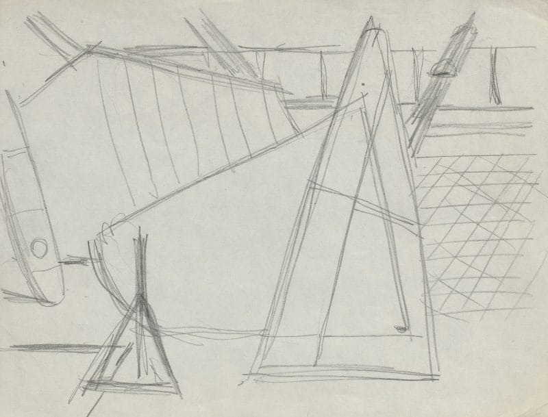 Pencil sketch of aircraft factory fixtures and parts.