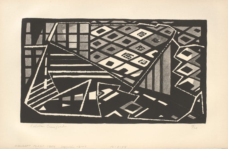 Abstract lithograph of an aircraft factory with checkered diamond and parallel line patterns in shades of black.