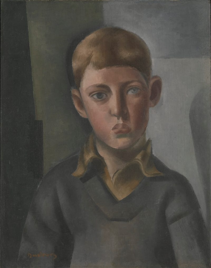 Painted portrait of a young blonde boy staring pensively off into the distance.