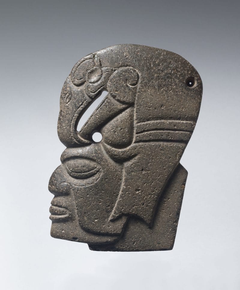 Flat, stone sculpture of a male face in profile wearing a bird-like headdress.