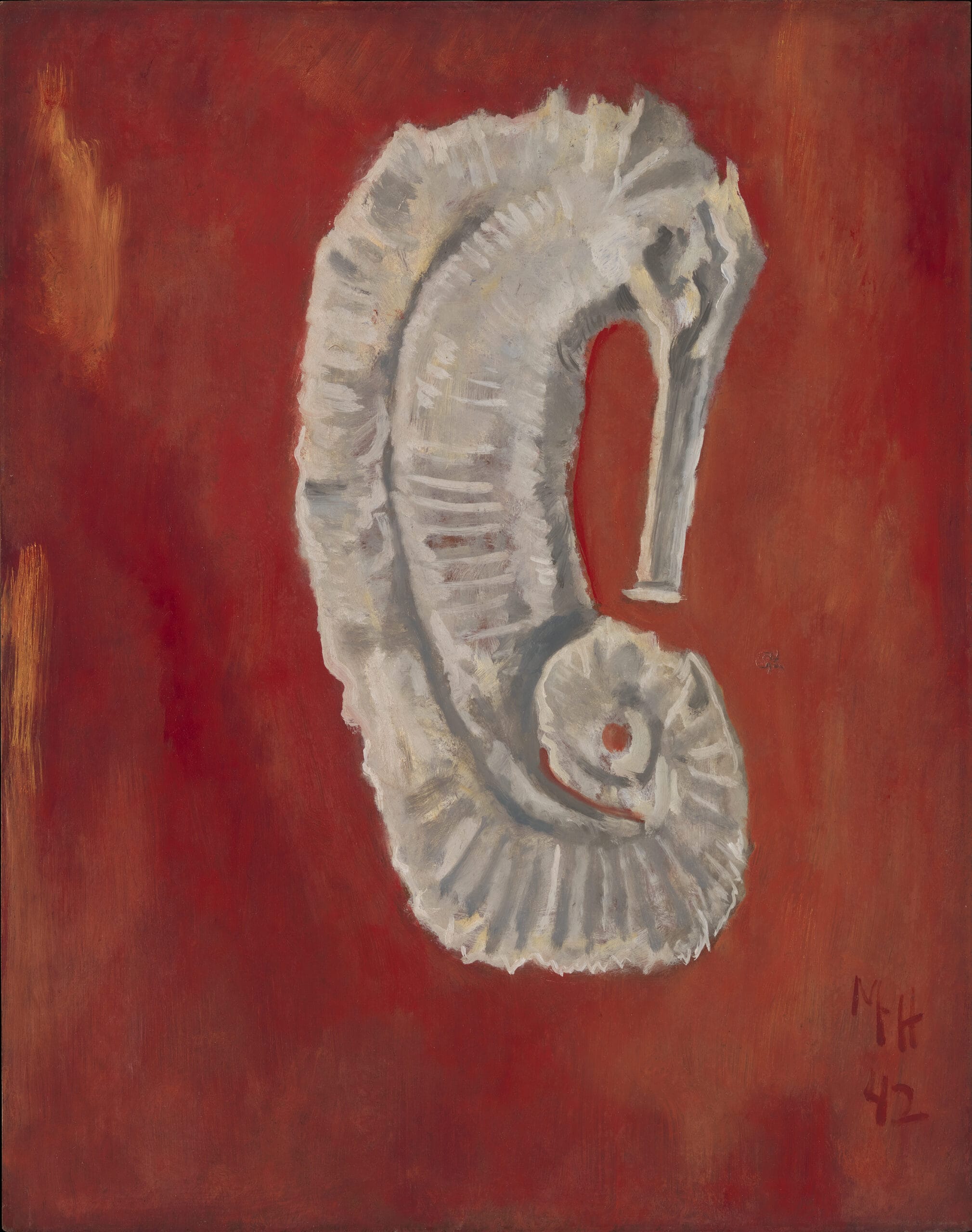 A white sea horse centered on a red background.