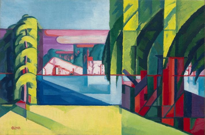 A cubist seascape featuring the view across a waterway, with trees and buildings on the edges of the composition.