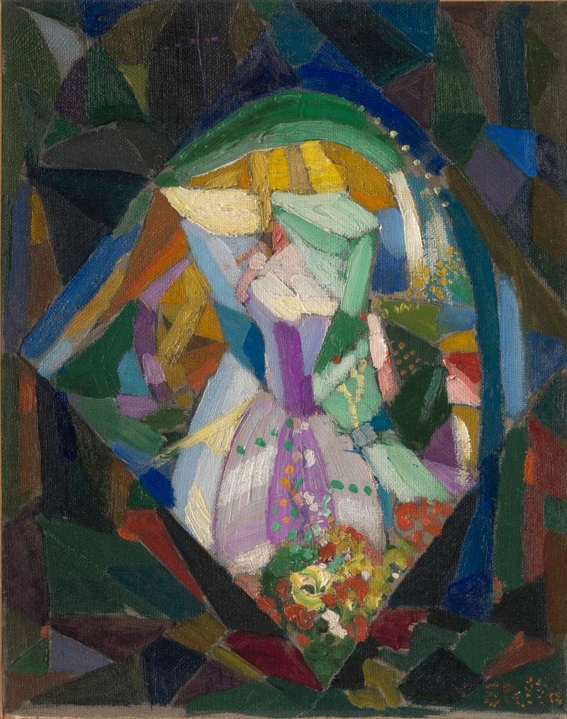 Geometric abstractions of shapes and color arranged around a diamond center.