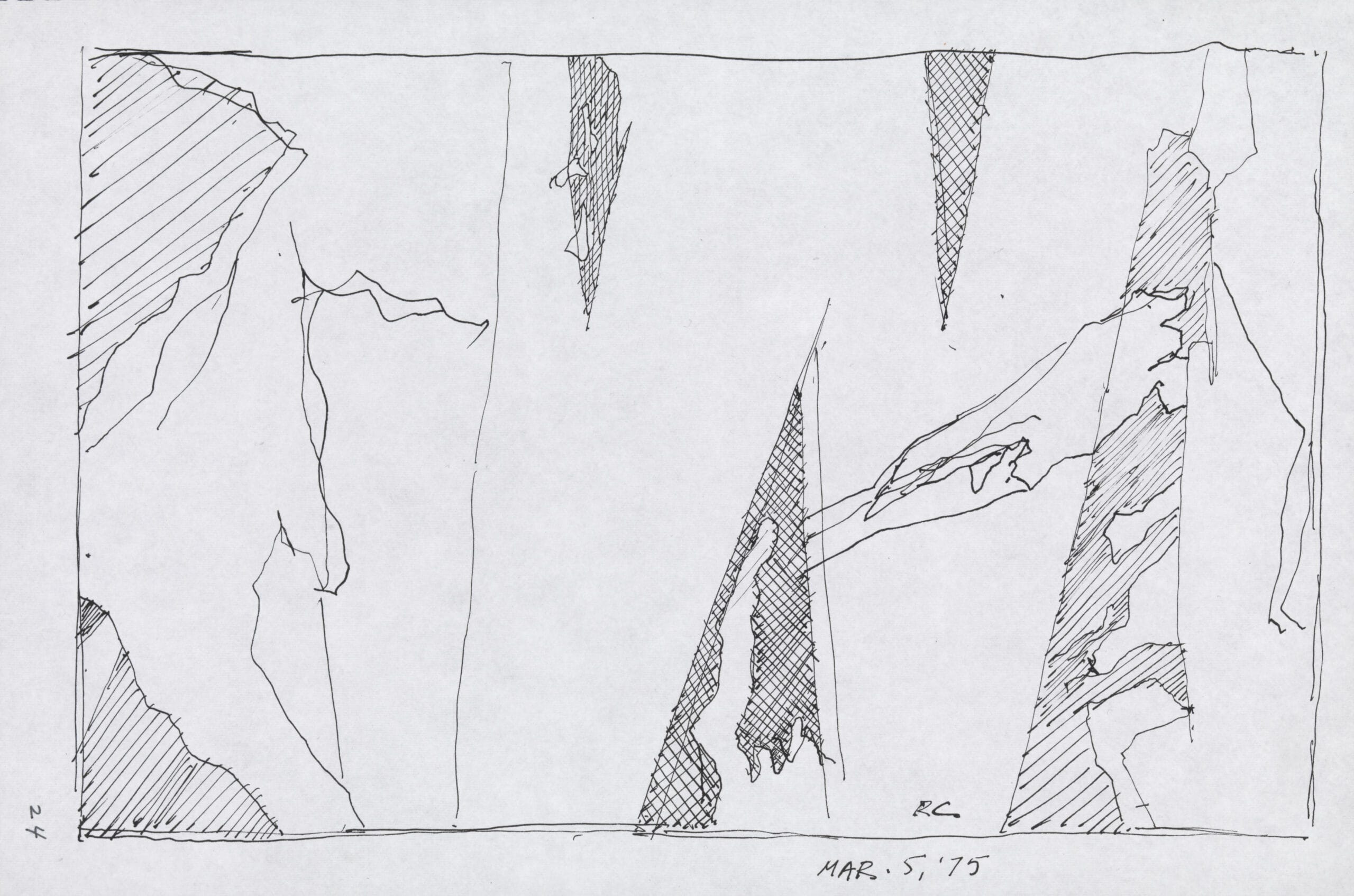 Ink sketch of a torn sign with triangular tears, detailed with cross-hatching in ink.