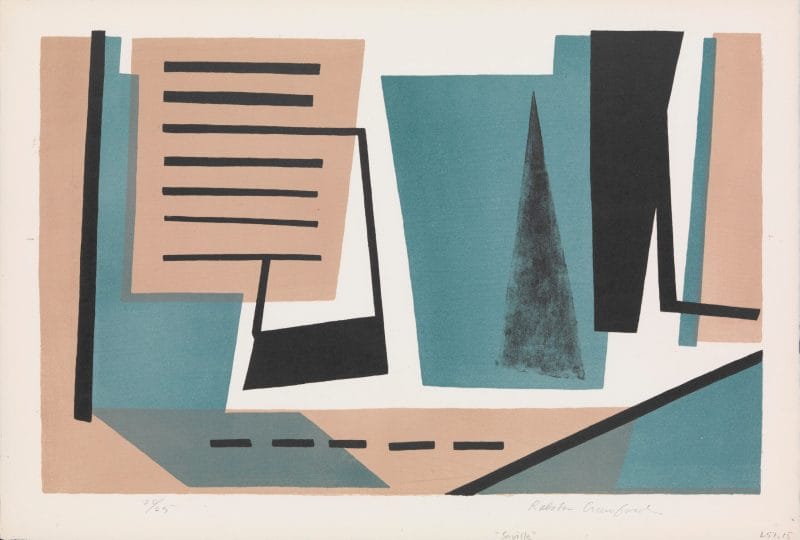 A lithograph composed of abstract geometric shapes suggesting text and figures.