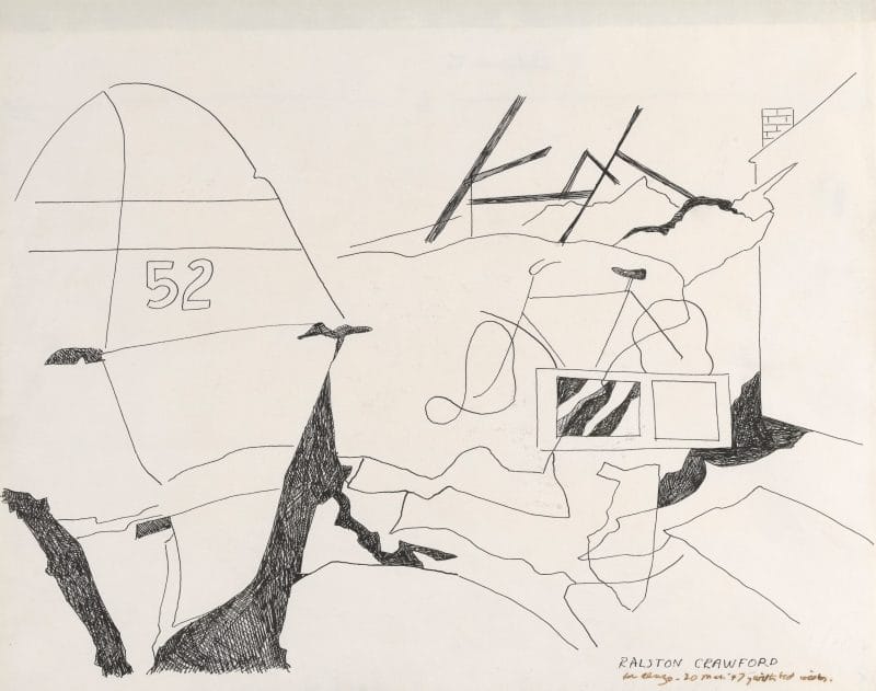 An ink drawing of a broken aircraft wing and a bicycle with broken wheels.