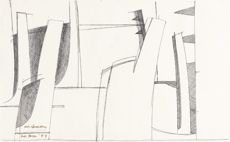 Ink sketch of aircraft nacelles lined up in a factory.