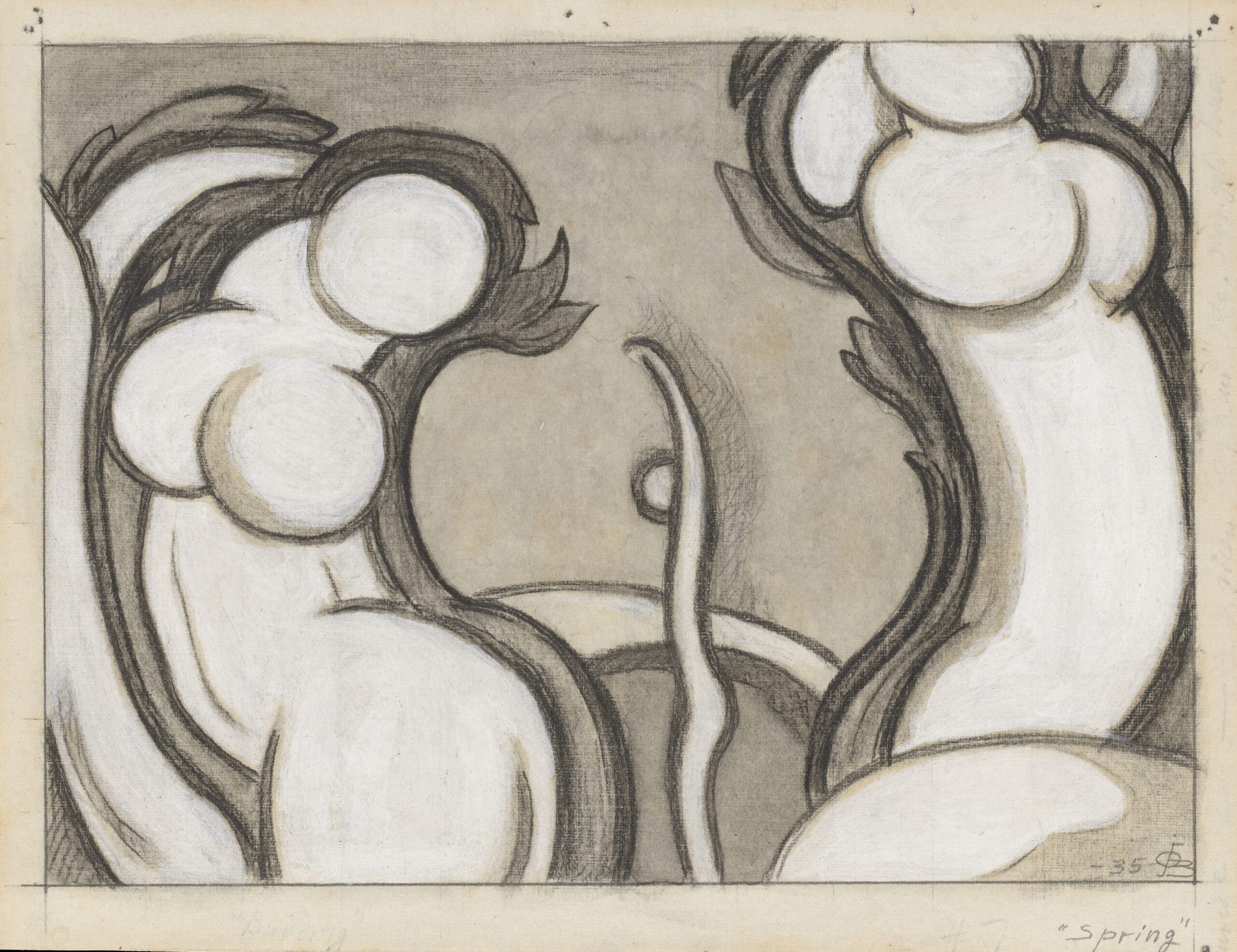 Anthropomorphic plants surround a small bud emerging from the earth.